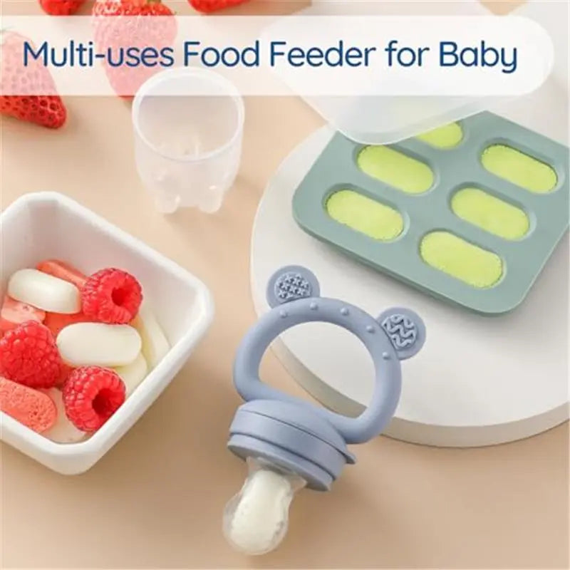 2 Pack Silicone Baby Fruit Feeder with Mini Freezer Tray, Breastmilk Popsicle Molds for Baby Teething Relief, Fresh Food Feeder for Safe Infant Self Feeding, Extra Food Pouches