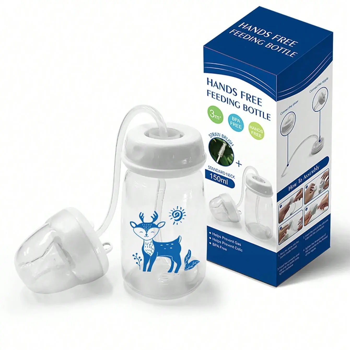 150Ml Baby Bottle, 1 Box Hands Free anti Colic BPA Free Baby Feeding Bottle with Straws and Silicone Pacifier, Cute Baby Bottle for Breastfeeding, Newborn Baby Essentials Accessories