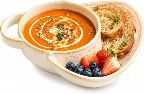 Soup and Sandwich Bowl with Handle, Ceramic Divided Plate (White)