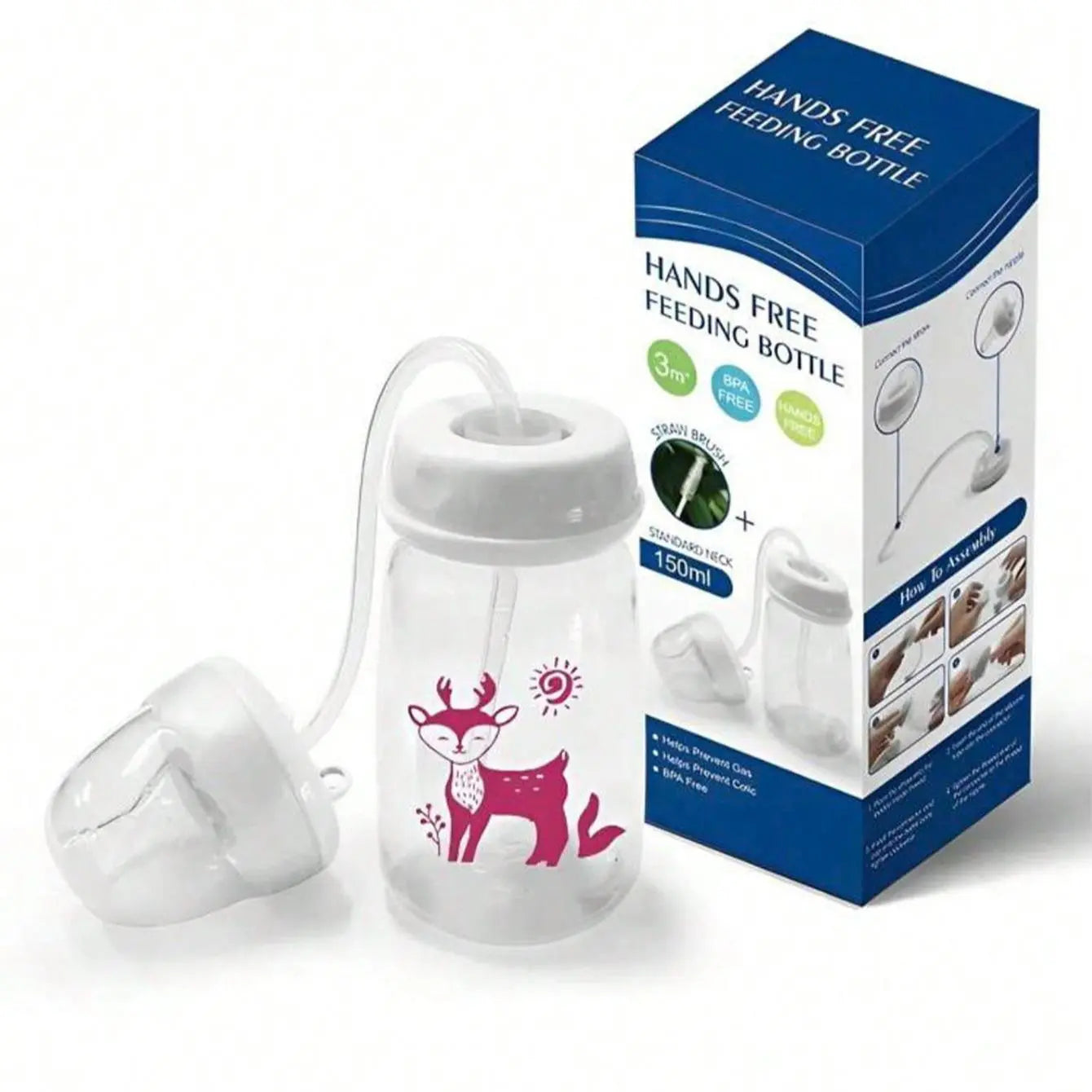 150Ml Baby Bottle, 1 Box Hands Free anti Colic BPA Free Baby Feeding Bottle with Straws and Silicone Pacifier, Cute Baby Bottle for Breastfeeding, Newborn Baby Essentials Accessories