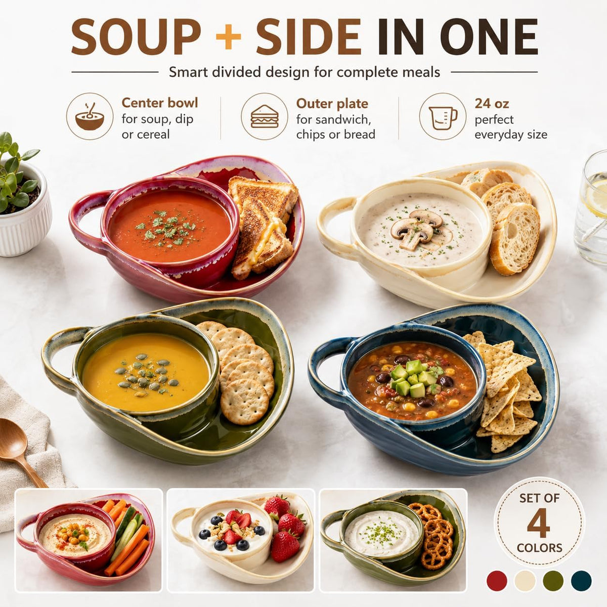 Soup and Sandwich Bowl with Handle, Ceramic Divided Plate (White)